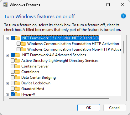 Capture d’écran de la boîte de dialogue Fonctionnalités Windows. .NET Framework 3.5 est sélectionné.