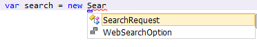 Classe SearchRequest apparaît dans IntelliSense après la saisie des premières lettres.