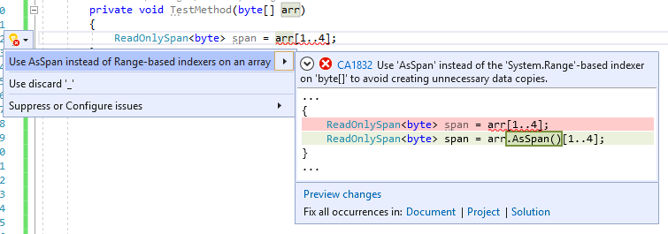 Correctif de code pour CA1832&nbsp;: Utiliser AsSpan ou AsMemory à la place d’indexeurs basés sur une plage pour obtenir la partie ReadOnlySpan ou ReadOnlyMemory d’un tableau