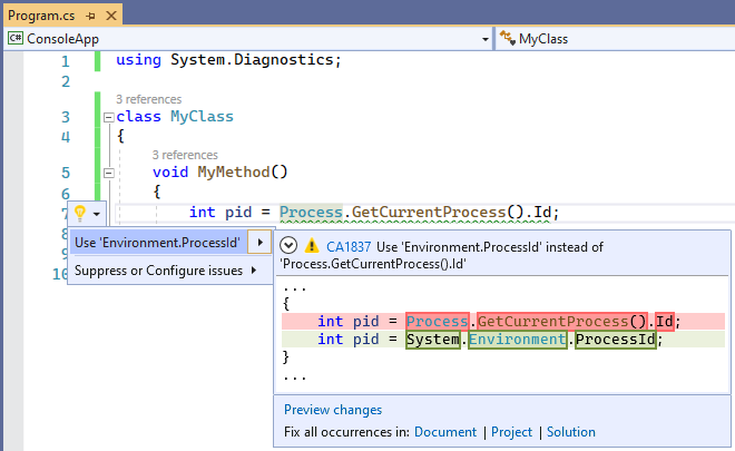 Correctif de code pour CA1837&nbsp;: Utilisez 'Environment.ProcessId' au lieu de 'Process.GetCurrentProcess().Id'