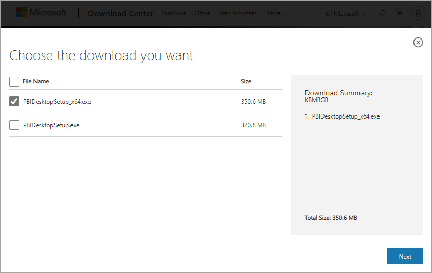 Capture d’écran du Centre de téléchargement montrant l’option Téléchargement de Power BI Desktop 64&nbsp;bits sélectionnée.