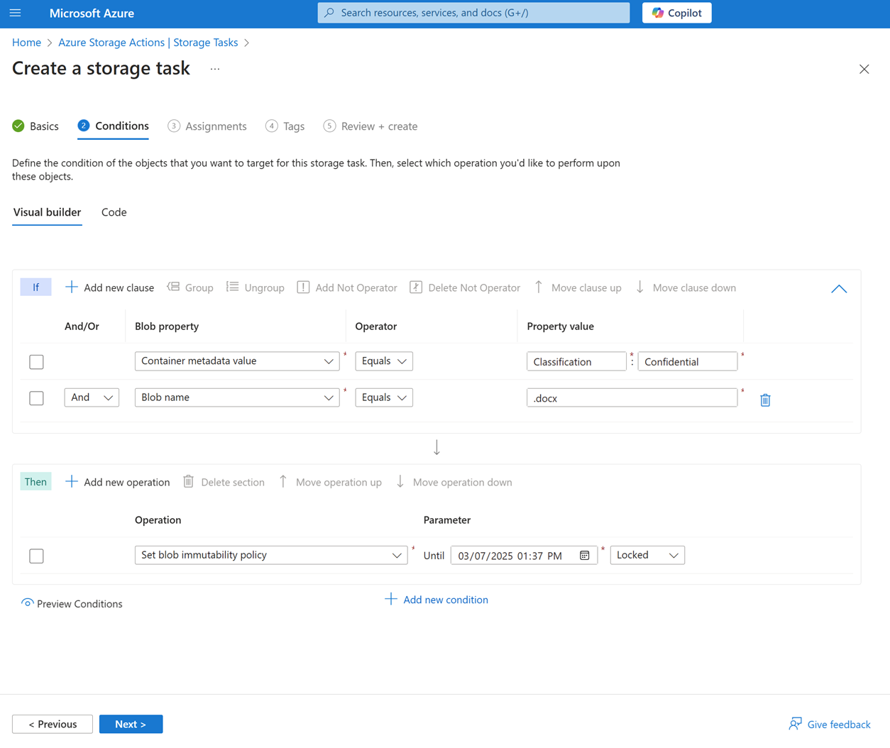 Capture d’écran de l’onglet Conditions dans l’expérience de création d’une tâche de stockage.