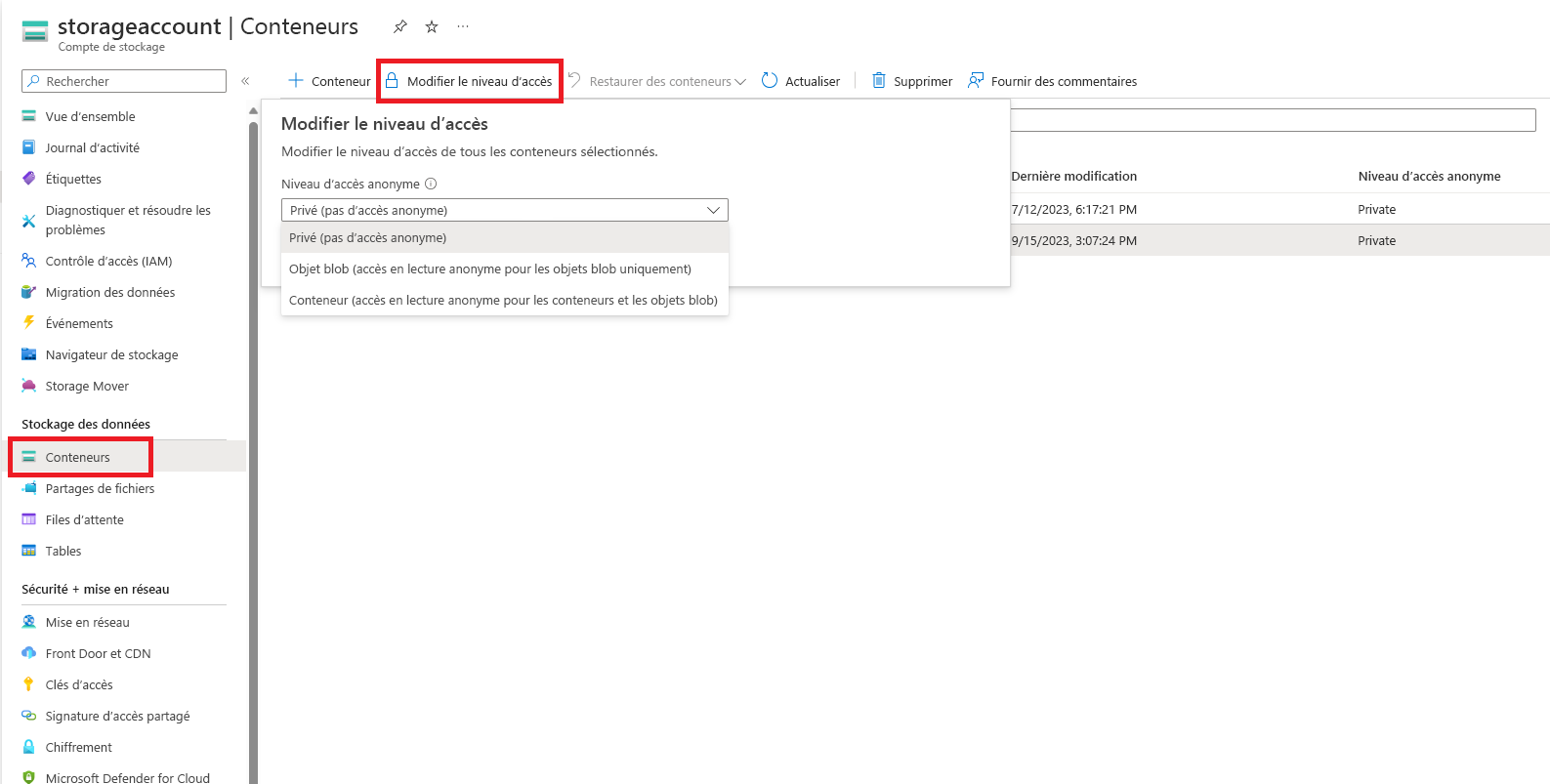 Capture d’écran illustrant la façon de définir le niveau d’accès anonyme sur le Portail.