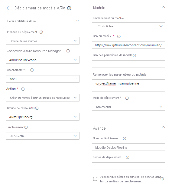 Capture d’écran de la page de déploiement de modèle ARM avec les valeurs requises entrées pour Azure DevOps Azure Pipelines.