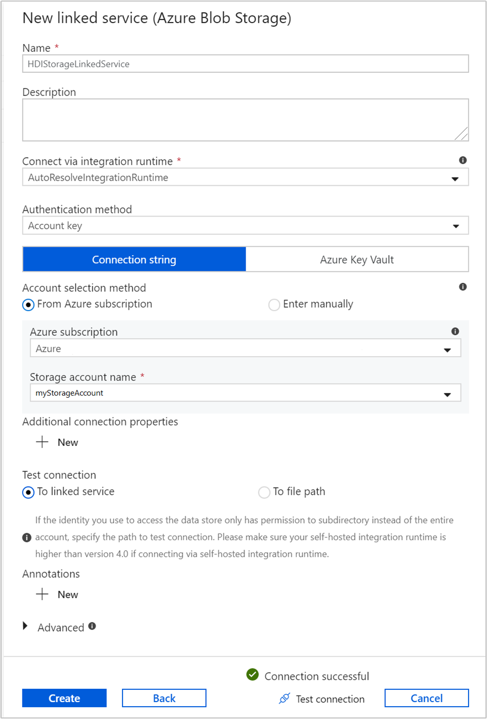 Indiquez le nom du service lié Stockage Azure.