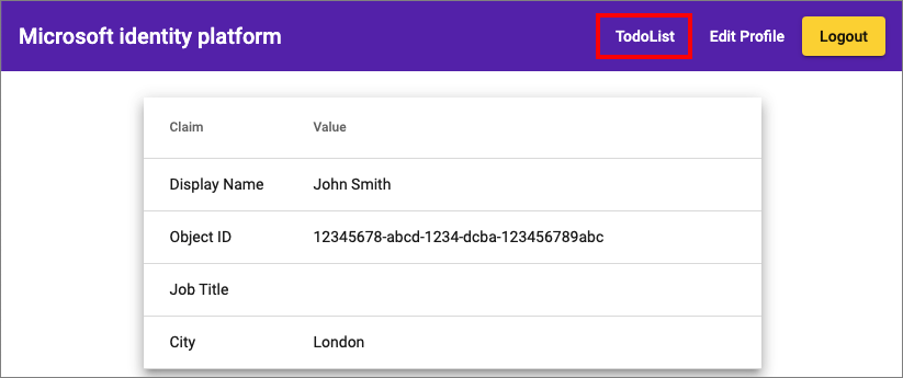 Capture d’écran montrant l’exemple d’application Angular avec le profil utilisateur et l’appel à la liste des to-do.