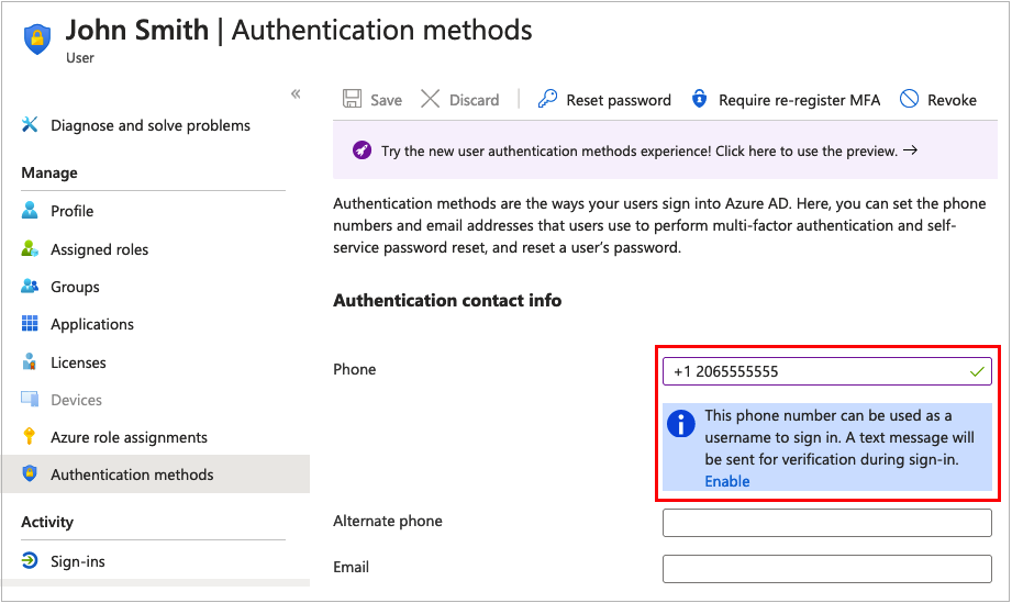 Capture d’écran de la page Méthodes d’authentification d’un exemple d’utilisateur à partir du portail Azure. La zone de texte du numéro de téléphone est mise en surbrillance.