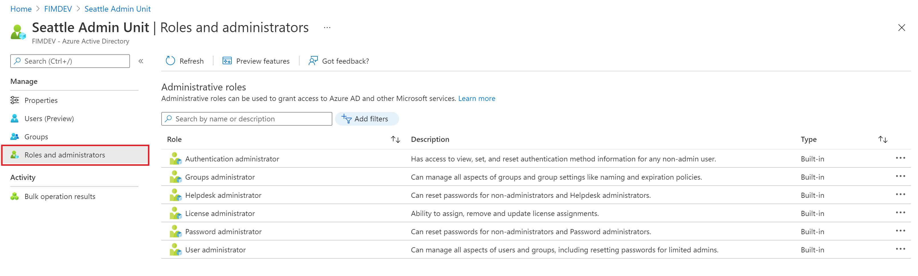 Menu Rôles et administrateurs sous Unités administratives dans Microsoft Entra ID.