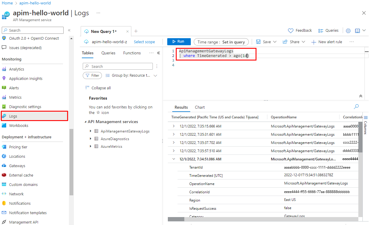 Capture d’écran de l’interrogation de la table ApiManagementGatewayLogs dans le portail.