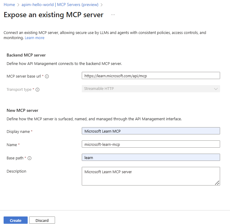 Capture d’écran de la création d’un serveur MCP dans le portail.