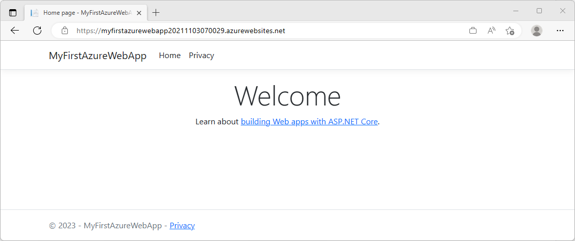Capture d’écran de Visual Studio : application web ASP.NET Core 8.0 dans Azure.