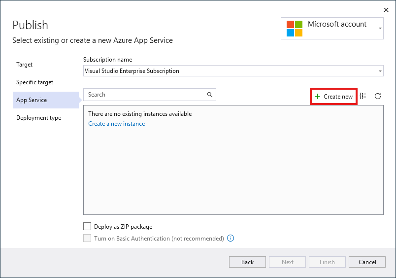 Visual Studio : boîte de dialogue nouvelle application Service App.