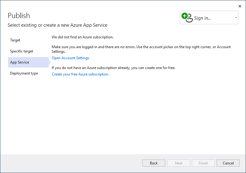 Visual Studio : sélectionnez la boîte de dialogue de connexion à Azure.