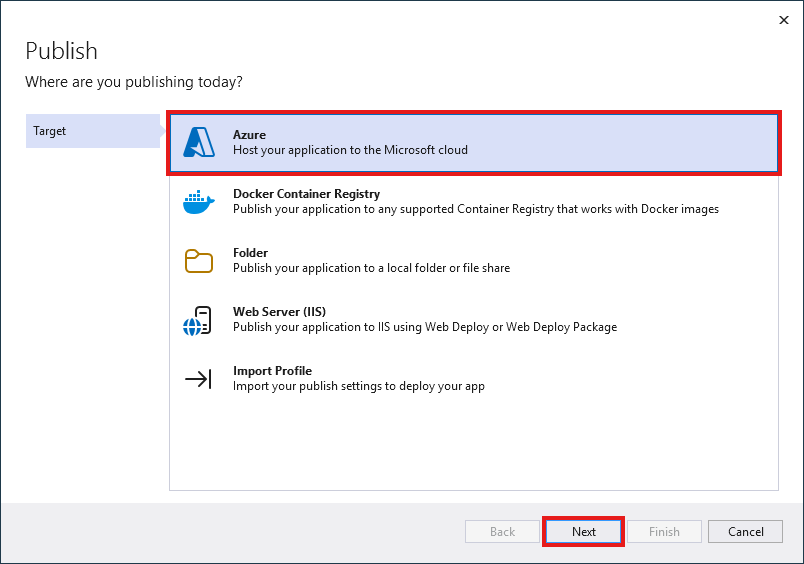 Visual Studio : publier l’application web et cibler Azure.