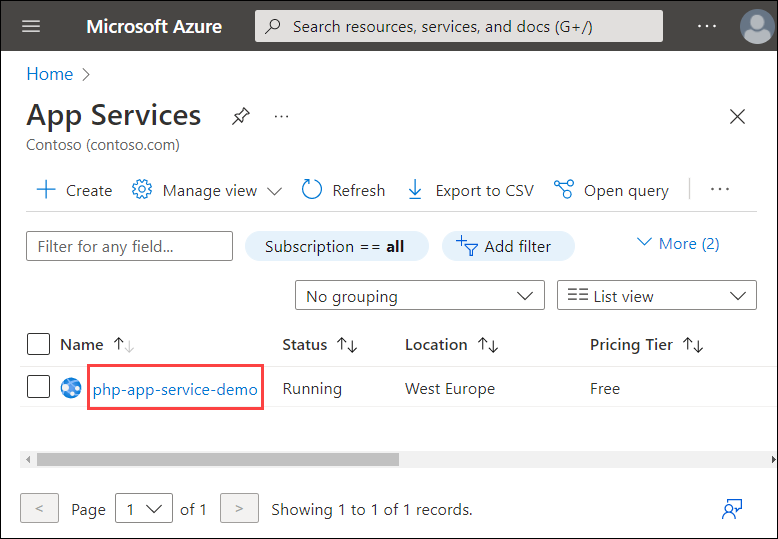 Capture d’écran de la liste App Services dans Azure. Le nom du service d’application de démonstration est mis en surbrillance.