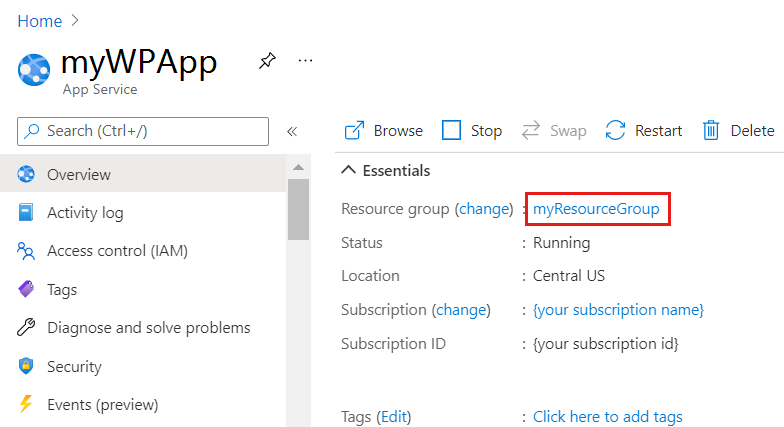 Capture d’écran du groupe de ressources dans la page vue d’ensemble d’App Service.