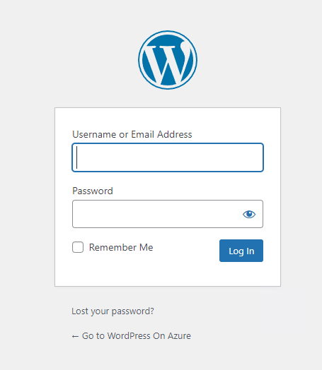 Screenshot de la connexion d’administrateur WordPress sur Azure App Service.