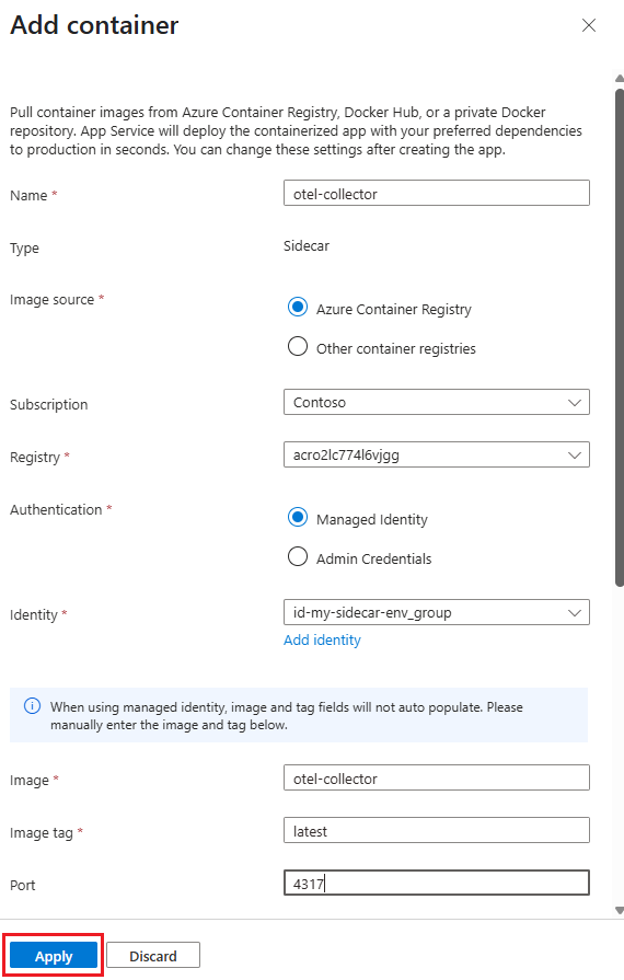 Capture d’écran montrant comment configurer un conteneur sidecar dans le Centre de déploiement d’une application web.