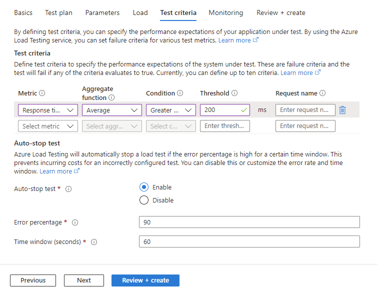 Capture d’écran montrant comment configurer des critères de test lors de la création d’un test dans le portail Azure.