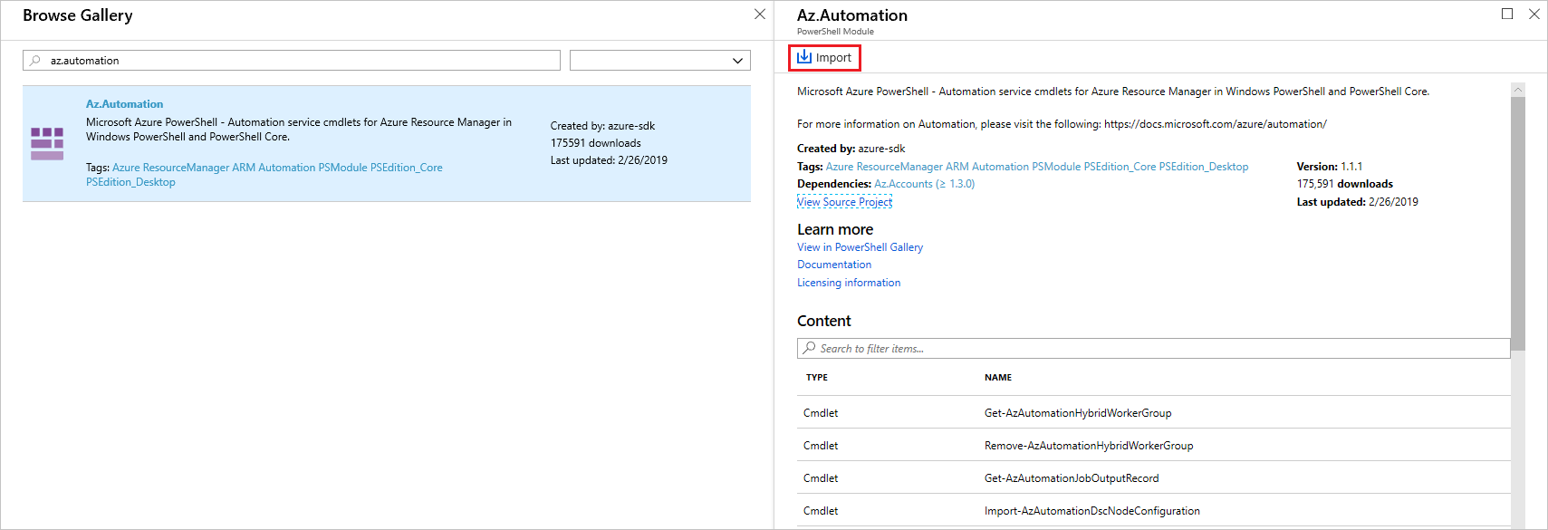 Screenshot d’importation d’un module PowerShell Gallery à partir du portail Azure