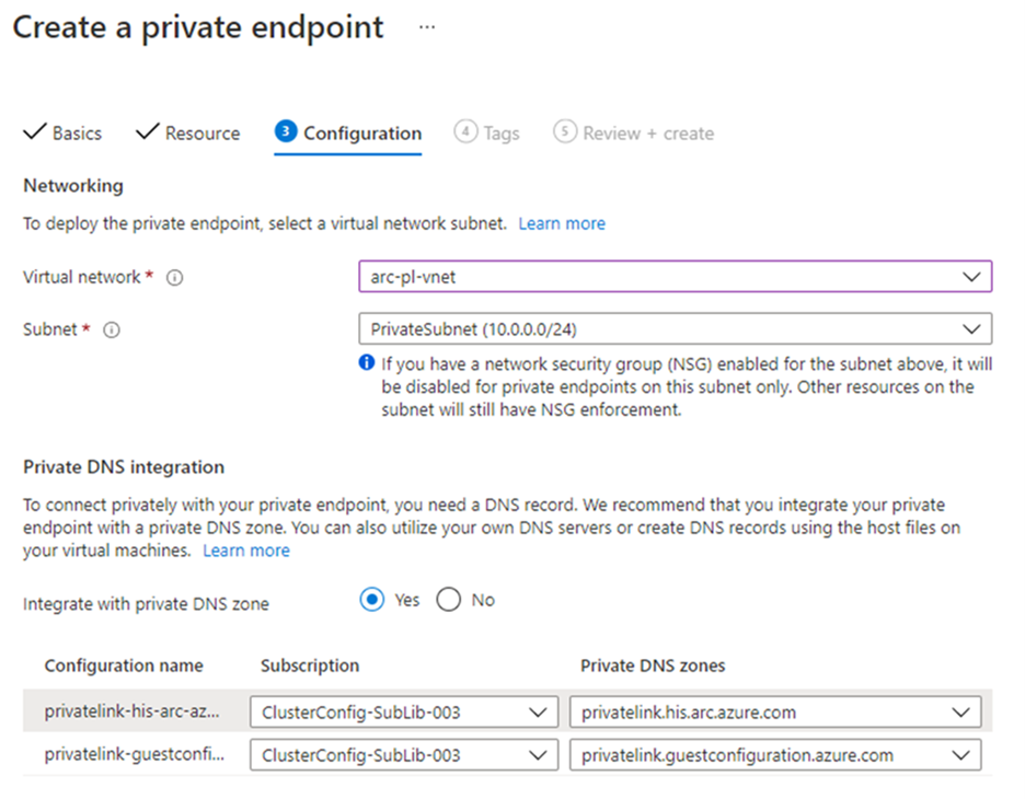 Capture d’écran de l’étape de configuration pour créer un point de terminaison privé dans le portail Azure.