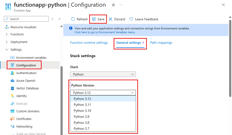 Capture d’écran montrant comment définir la version Python souhaitée pour une application de fonction dans le portail Azure.
