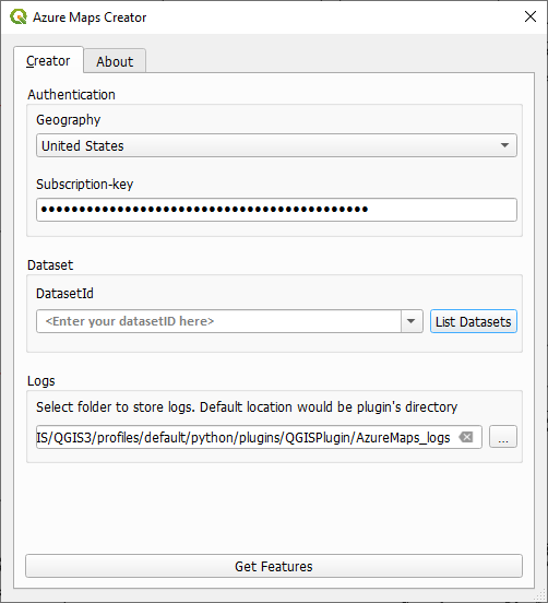 Capture d’écran de la boîte de dialogue de plug-in Azure Maps.