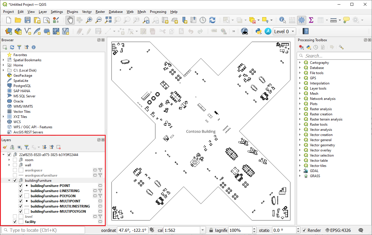 Capture d’écran d’un jeu de données dans la version de calques QGIS.