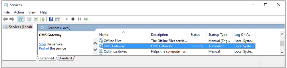 Capture d’écran indiquant les services locaux, montrant que la passerelle OMS est en cours d’exécution