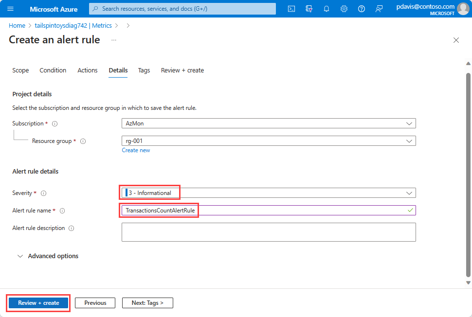 Capture d’écran montrant l’onglet Détails sur le volet de création d’une règle d’alerte.