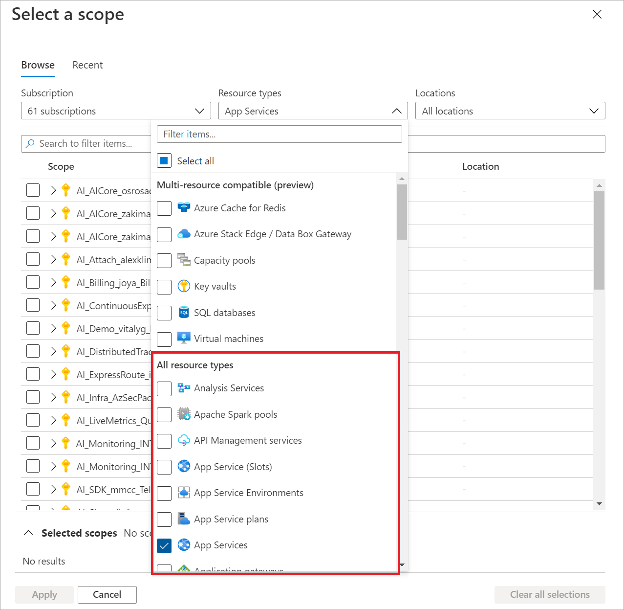 Capture d’écran montrant les ressources disponibles dans le sélecteur d’étendue.