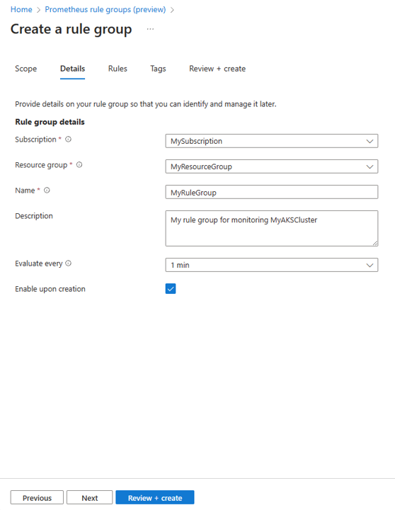 Capture d’écran montrant la configuration des détails du groupe de règles Prometheus.