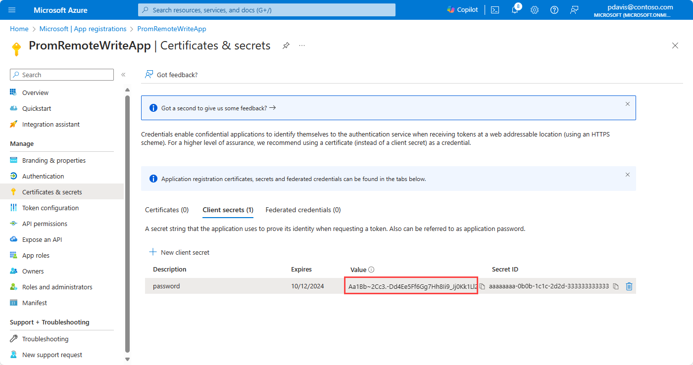 Capture d’écran montrant une valeur de clé secrète client.