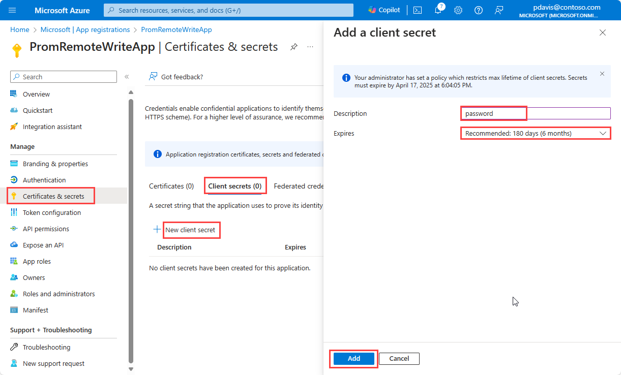 Capture d’écran présentant le volet permettant d’ajouter une clé secrète client.