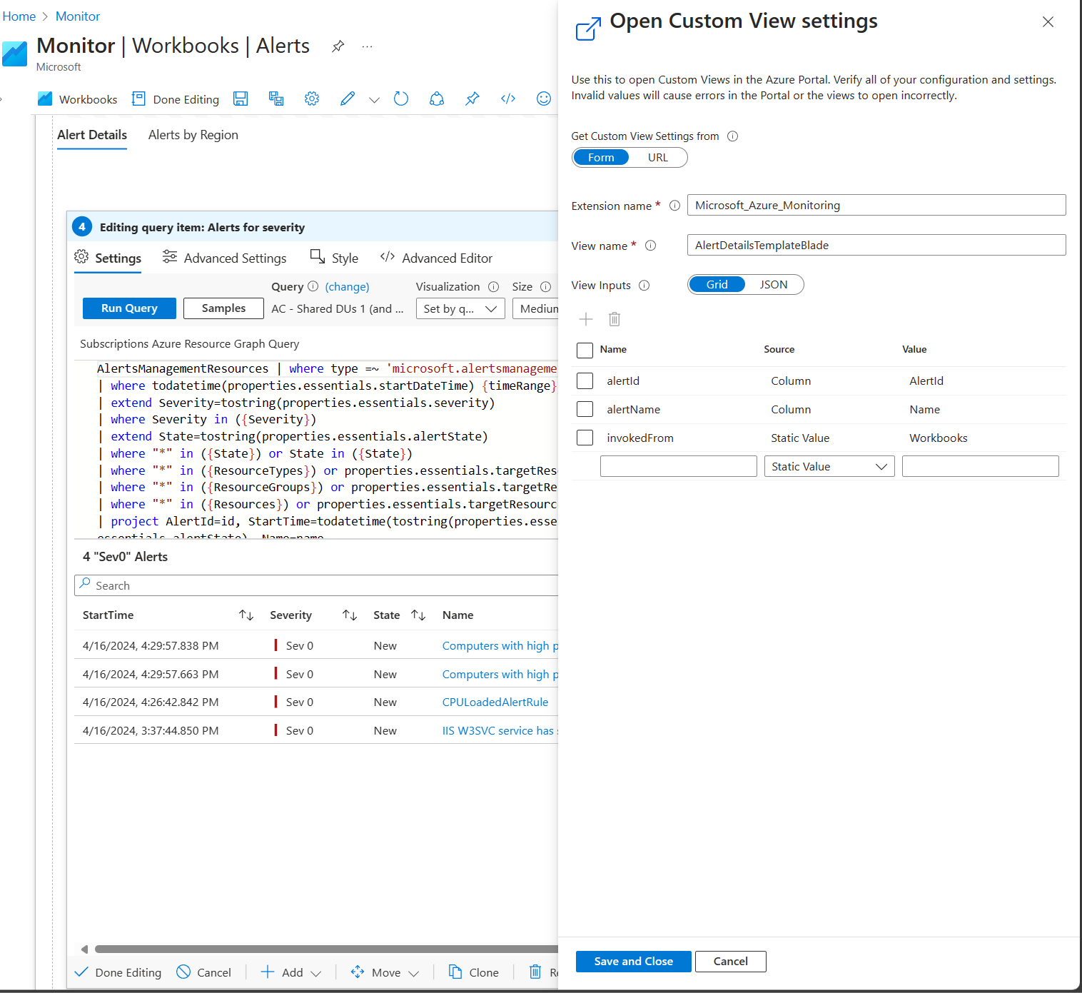 Capture d’écran montrant le volet paramètres Ouvrir la vue personnalisée.
