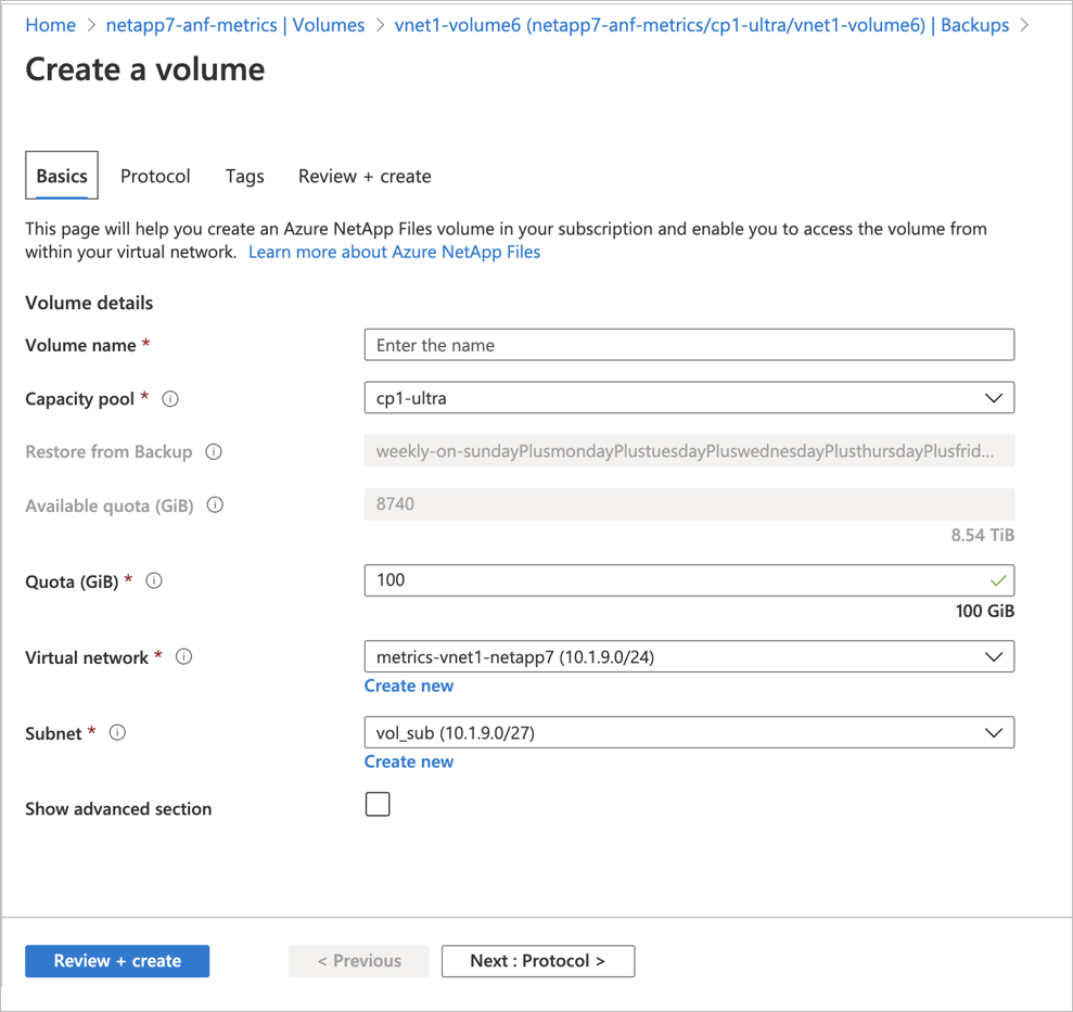 Capture instantanée montrant la page Créer un volume.