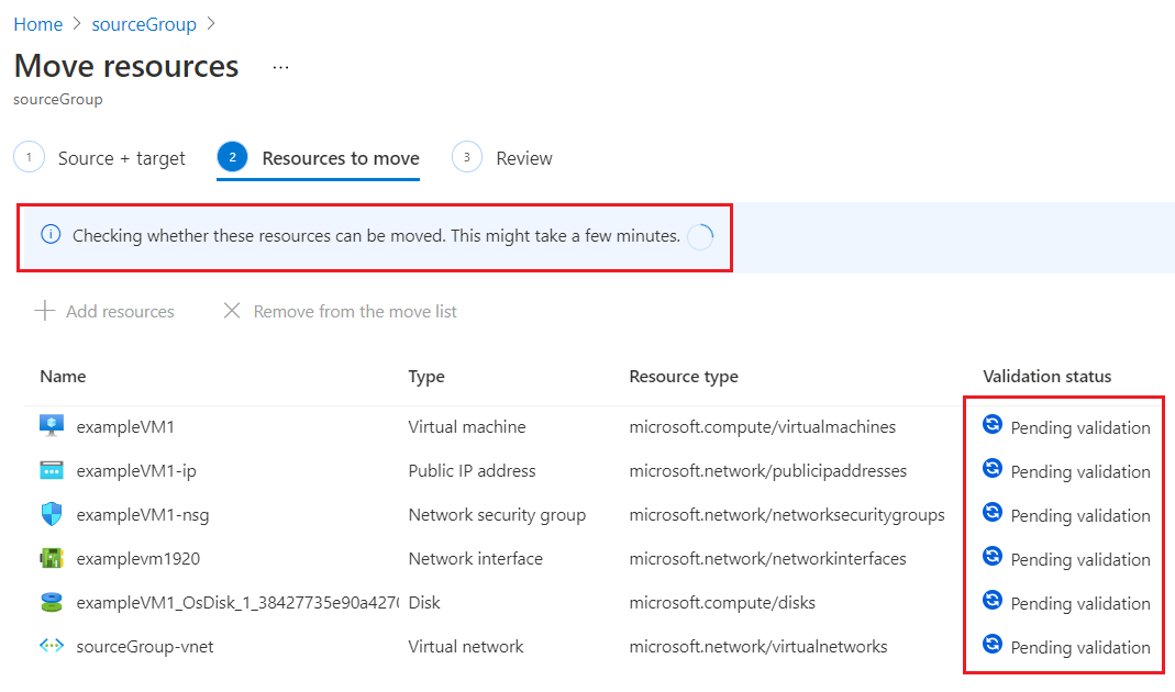 Capture d’écran du portail Azure montrant le processus de validation de l’opération de déplacement.