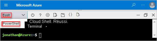 Capture d’écran de l’option permettant de sélectionner Bash ou PowerShell dans Cloud Shell.