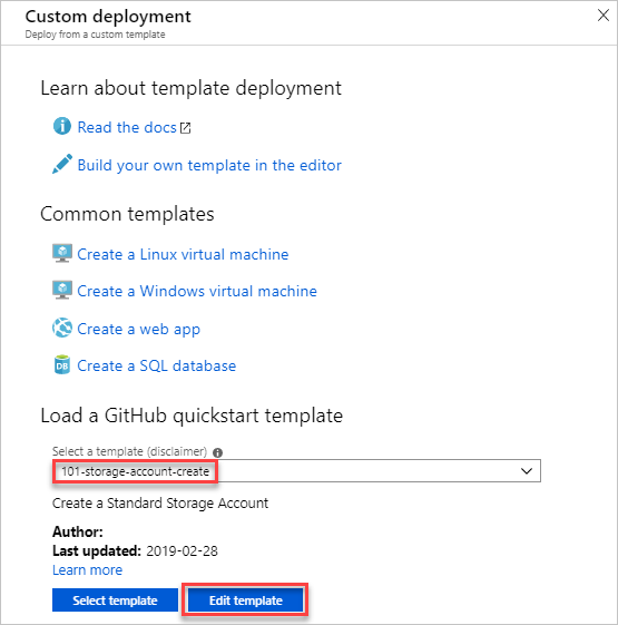 Capture d’écran d’options de création de modèle sur le Portail Azure