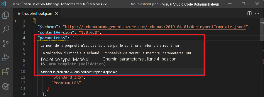 Capture d’écran de Visual Studio Code mettant en relief une erreur de validation de modèle avec un trait rouge ondulé soulignant le mot mal orthographié « parameterss» dans le code.