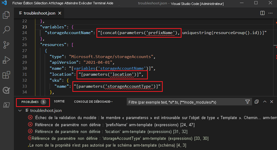 Capture d’écran de Visual Studio Code montrant l’onglet Problème avec des erreurs de référence de paramètre non défini pour les sections « variables » et « ressources ».
