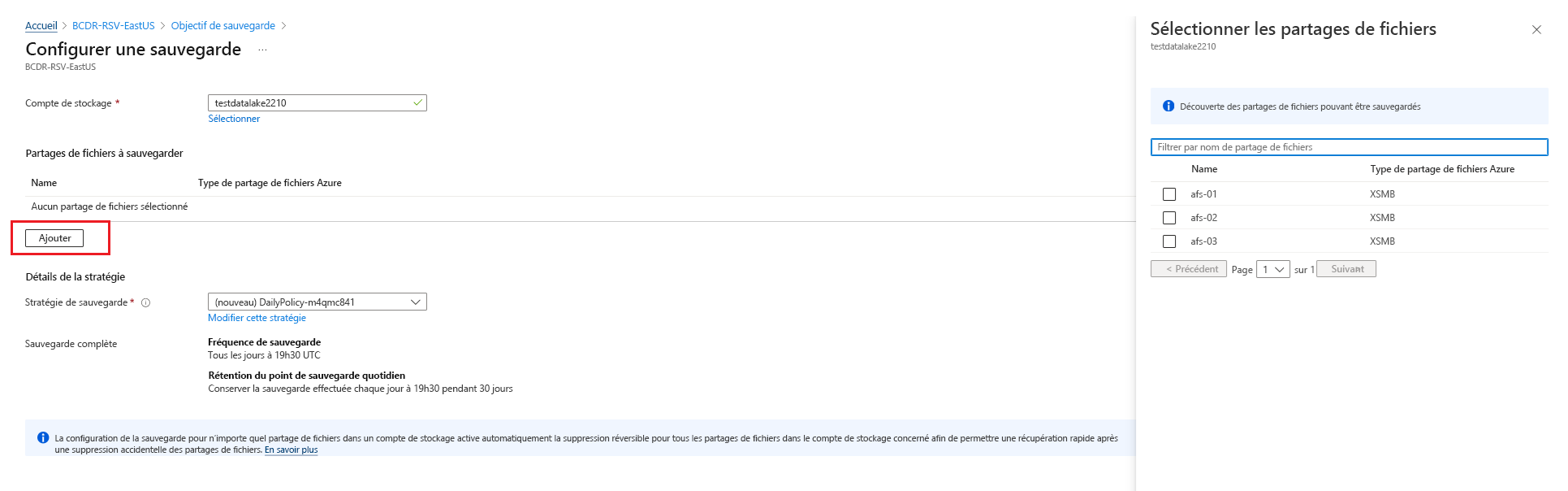 Capture d’écran montrant la sélection des partages de fichiers à sauvegarder.