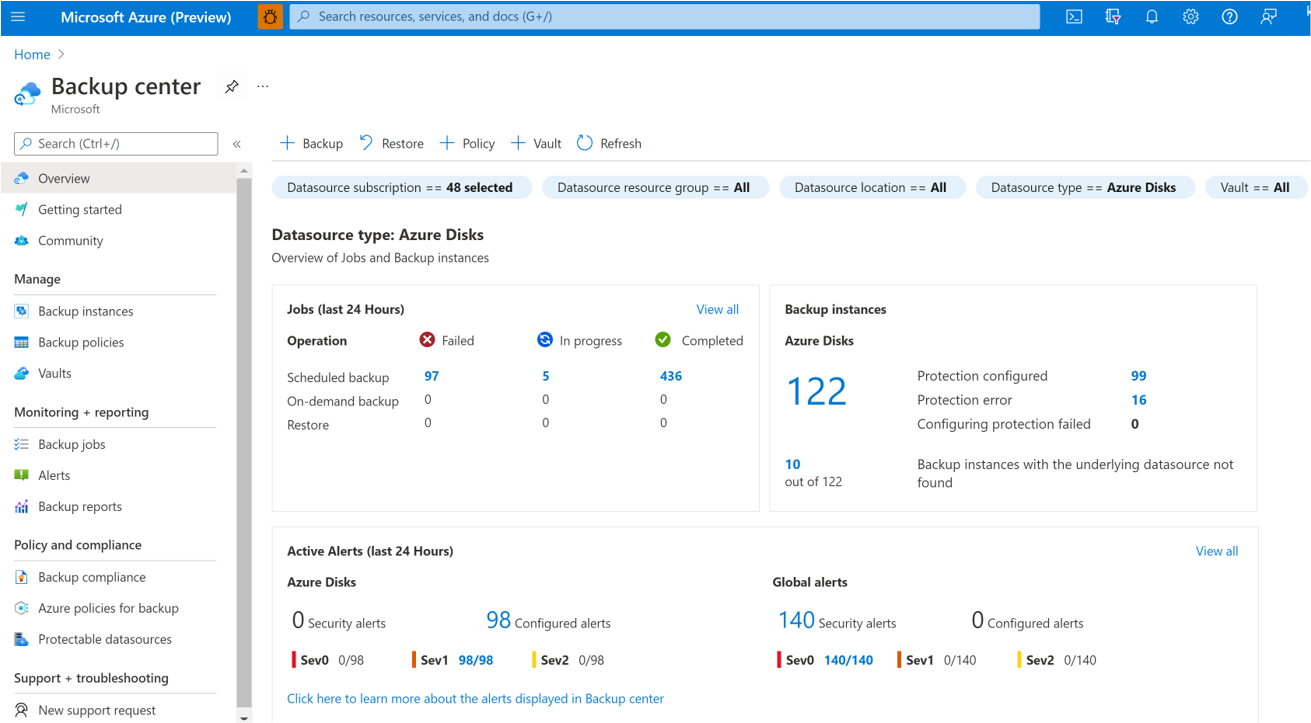 Capture d’écran montrant l’option de démarrage de la sauvegarde d’un disque Azure.