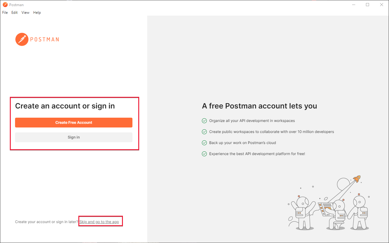 L’écran d’accueil de Postman indique la possibilité de créer un compte ou d’ignorer cette étape et d’accéder à l’application.
