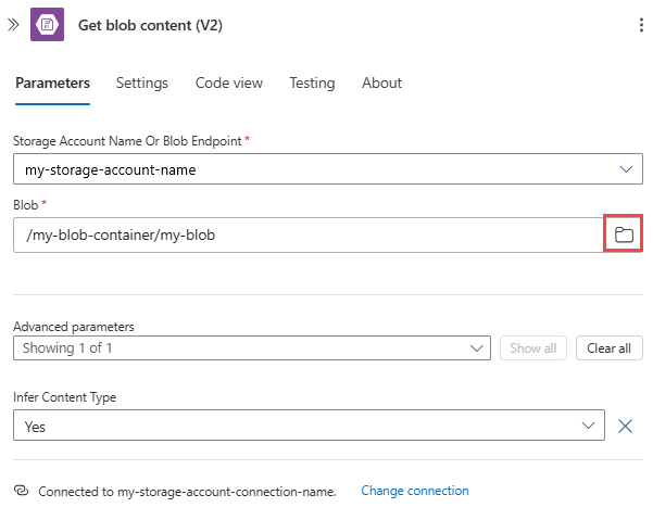 Capture d’écran affichant le flux de travail Consommation avec la configuration des actions Blob pour le dossier racine.