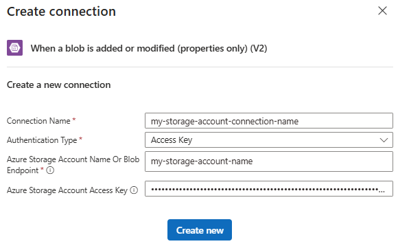 Capture d’écran montrant le workflow Consommation, le déclencheur Stockage Blob Azure et l’exemple d’informations de connexion.