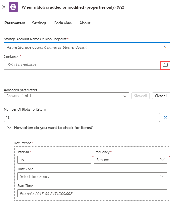 Capture d’écran montrant le déclencheur managé Stockage Blob Azure avec la configuration des paramètres.