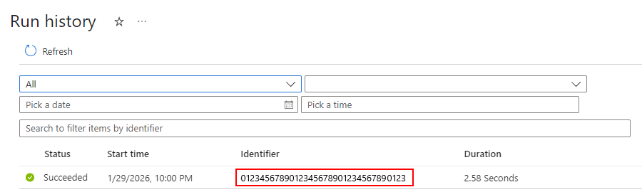 Capture d’écran montrant la liste de l’historique des exécutions pour le flux de travail Consommation.