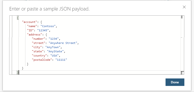 Capture d'écran montrant le flux de travail de consommation, le déclencheur de demande et l'échantillon de données utiles saisies pour générer le schéma.