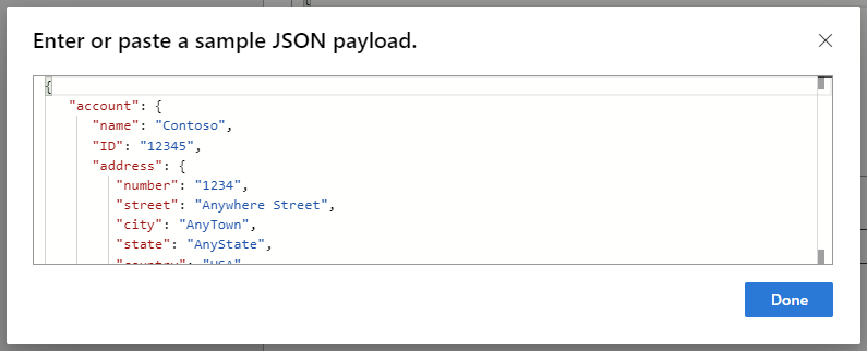 Capture d'écran montrant le flux de travail standard, le déclencheur de demande et l'échantillon de données utiles saisis pour générer le schéma.